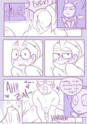 aipeco18 comic crossed_legs dialogue dib_membrane dildo dildo_in_ass gir_(invader_zim) invader_zim masturbation moaning moaning_name page_2 sex_toy surprised watching_from_afar watching_masturbation zim