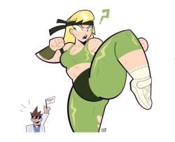 1boy 1girls ? blonde_hair cheering fighting_stance goodbyellow headband johnny_cage kicking light-skinned_female light_skin mortal_kombat netherrealm_studios sonya_blade thick thick_thighs tight_clothing