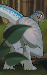 2025 5:8 absurd_res anthro anus askart ass barely_visible_anus bent_over biped blue_(jurassic_world) blush convenient_censoring convenient_censorship digital_media_(artwork) dinosaur female grey_body grey_skin grey_tail hi_res jurassic_park jurassic_world leaf looking_at_viewer looking_back looking_back_at_viewer nude nude_anthro nude_female open_mouth open_smile orange_eyes outside prehistoric_species rear_view reptile scalie smile solo standing tail teeth tongue universal_studios