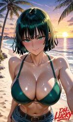 1girls ai_assisted ai_generated beach big_breasts breasts cleavage denim_jeans dh_lucky female fubuki_(one-punch_man) green_bikini green_eyes green_hair jean_shorts jeans looking_at_viewer ocean one-punch_man palm_tree short_hair short_jeans solo standing sunset wet wet_body