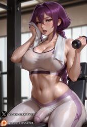 1girl abs ai_generated artist_name balls blurry blurry_background blush braid braided_ponytail breasts bulge cleavage collarbone covered_penis covered_testicles erection erection_under_clothes female futanari gym hair_between_eyes hair_intakes holding holding_towel indoors intersex large_breasts lips long_hair looking_at_viewer mature_female midriff navel nose open_mouth pants patreon_logo patreon_username penis purple_eyes purple_hair semekart sitting solo sports_bra sweat testicles towel towel_around_neck watermark web_address white_pants white_sports_bra wiping_sweat yoga_pants