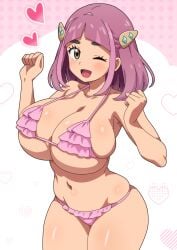 1girls aged_up belly_button big_breasts bikini breasts female female_only game_freak hitokiwa_kenchin huge_breasts lacey_(pokemon) light-skinned_female light_skin nintendo pink_bikini pink_hair pokemon pokemon_sv solo thick_eyebrows wink