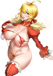 1girls areola_slip areolae blonde_hair breasts condom covered_nipples ero_doll fate/extra fate_(series) female female_only green_eyes huge_breasts kunaboto nero_claudius_(fate) nipples pubic_hair pubic_hair_peek revealing_clothes sling_bikini solo thighhighs used_condom