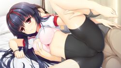 1boy asami_asami ass barefoot bed bike_shorts black_hair blush bra breast_grab breasts cleavage feet female game_cg gym_uniform highres himekawa_honami large_breasts leg_up legs long_hair looking_at_viewer lying on_side pillow pretty_x_cation_2 red_eyes sheet_grab solo_focus thighs toes