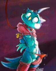 animancer avian bird blue_body blue_fur bodily_fluids bondage bondage bound clothing collar crop_top cum cum_in_clothing cum_through_clothing fur genital_fluids genitals hi_res hoodie leash leg_warmers legwear male owl panties penis precum shirt stockings topwear underwear wet wet_clothing zacnate