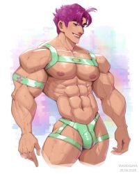 1boy abby_(kpop_demon_hunters) abs artist_name bara biceps bulge chest_harness dated jockstrap kpop_demon_hunters male male_focus male_only muscular muscular_arms muscular_chest muscular_male netflix nipples pecs pectorals pink_hair saja_boys solo solo_male thighs wardgaya yaoi