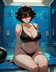 1girls ai_generated alley big_breasts black_bra black_hair black_panties breasts brown_eyes choker crop_top eyelashes eyeshadow female glasses goth goth_girl gothic locker_room messy messy_hair naughty naughty_face nerd olie original pale-skinned_female round_glasses seductive seductive_look short_hair sport_panties sports_bra sportswear thick_ass thick_legs thick_lips thick_thighs thighs wavy_hair wet xandr