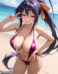 ai_generated bangs bare_shoulders beach black_hair blue_sky blush breasts cleavage cloud collarbone cowboy_shot day female hair_between_eyes hair_ribbon hand_on_hip high_resolution high_school_dxd highres himejima_akeno large_breasts leaning_forward long_hair looking_at_viewer navel ocean one-piece_swimsuit orange_ribbon outdoors ponytail purple_eyes purple_one-piece_swimsuit ribbon sand sky slingshot_swimsuit smile solo stable_diffusion swimsuit tongue tongue_out v very_long_hair waifuscans418 water