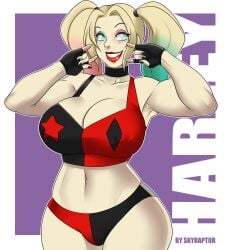 big_breasts blonde_hair bra fingerless_gloves harley_quinn harley_quinn_(series) midriff muscular panties red_lipstick skyraptor thick_thighs wide_hips