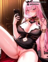 ai_generated arm_support armlet bare_shoulders black_dress black_nails blunt_bangs blush breasts cellphone cleavage cleft_of_venus clothing_cutout dress female fingernails glint gold_trim holding holding_phone hololive hololive_english hololive_myth indoors knee_up lace_trim large_breasts leaning_back long_hair looking_at_viewer mori_calliope mori_calliope_(1st_costume) mosaic_censoring mykibuu nail_polish navel navel_cutout no_panties parted_lips pelvic_curtain phone pink_eyes pink_hair pubic_tattoo pussy sidelocks sitting sleeveless sleeveless_dress smartphone solo spread_legs stomach sweat tattoo thighs tiara uncensored veil virtual_youtuber
