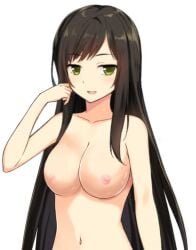 bangs blush breasts brown_hair collarbone eyebrows_visible_through_hair female green_eyes large_breasts long_hair navel nipples nude open_mouth smile solo upper_body