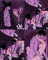 abs black_hair blush blush_lines braid braided_hair demon_form earrings french_kiss gat happy_trail holding jinu_(kpop_demon_hunters) kissing korean_clothes kpop_demon_hunters licking_neck long_nails pikazart pointy_ears purple_hair purple_skin rumi_(kpop_demon_hunters) skin_pattern sneakers sweat sweating sweatpants sweatshirt thrusting tongue_kiss turtleneck yellow_eyes