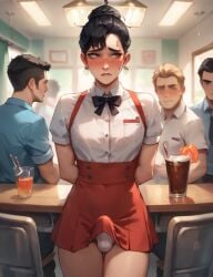 1femboy ai_generated ashamed black_hair bulge bulge_through_clothing bulge_under_clothes dark_hair erection erection_under_clothes femboy femboy_focus femboy_only hair_bun hands_behind_back light_skin light_skinned_femboy people_in_background red_faced shy small_breasts small_penis tiny_penis waitress waitress_outfit waitress_uniform watching