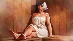 1girls azuma_yasuo barefoot black_hair heterochromia legs light-skinned_female light_skin luna_snow luna_snow_(marvel_rivals) marvel marvel_rivals sauna sweating towel towel_wrap white_hair