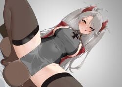 1boy :q absurdres ahoge azur_lane breasts brown_thighhighs closed_mouth commentary_request covered_navel cowgirl_position dark-skinned_male dark_skin dress female gradient_background grey_background grey_dress grey_hair hakkaman119 highres interracial large_breasts large_variant_set long_hair male multicolored_hair prinz_eugen_(azur_lane) sideboob sitting_on_face solo_focus squatting straight streaked_hair thick_thighs thighhighs thighs tongue tongue_out two_side_up variant_set
