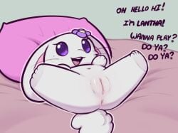 accessory adult_(lore) anus bed bedroom chibi dialogue female flower flower_in_hair furniture genitals hair hair_accessory hi_res lagomorph lantha leporid mammal milachu92 plant purple_eyes rabbit short_stack solo stubby_arms stubby_legs vulva