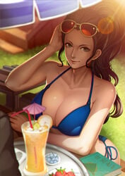 bendy_straw bikini bikini_top black_hair blue_bikini blurry book breasts cleavage closed_mouth depth_of_field dressrosa drink drinking_straw elbow_rest female female_only food fruit glass glasses green_eyes hand_on_head human large_breasts lens_flare lips lipstick long_hair looking_at_viewer magion02 makeup nico_robin one_piece orange_juice outdoors ponytail side-tie_bikini sitting smile solo strawberry string_bikini sunglasses sunglasses_on_head sunlight swimsuit table text tied_hair tray triangle umbrella watermark web_address