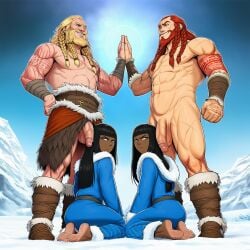1girls 3boys age_difference ai_generated blonde_hair braided_beard braided_hair dark-skinned_female dark-skinned_femboy dark-skinned_sissy dark-skinnedsub dark_skin desna eska female god_of_war high_five human imminent_oral kneeling large light-skinned_male light_skin looking_back magni_(god_of_war) male male/female male/male modi_(god_of_war) muscular muscular_male native_american norse penis robe scars sissy smiling snow the_legend_of_korra throne twins_(lore) veiny_penis viking water_tribe yaoi