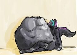 2012 anthro anthro_pred belly big_belly black_body black_fur blue_hair closed_eyes colored fur guide_lines hair huge_belly hyper hyper_belly jeri_kleinlowe male male_pred mammal mephitid nude_pred purple_body purple_fur simple_background sitting skunk skunk_tail smile solo vore yellow_background