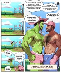 balls bara bare_thighs beard bucket_hat bulge_frottage cock comic_panel ear_piercing farmer_dez gay green_skin hairy_chest half-orc human human_male legs_spread lupin_barnabi male male/male male_focus male_nipples male_only moustache muscular muscular_male nipples oc orc orc_male orc_musk penis pink_cap rancher_grunh shirtless_male tan_skin yaoi