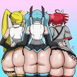 2d 2d_(artwork) 3girls ahoge akita_neru angry angry_vein artist_request ass ass_focus back back_view big_ass big_thighs blue_hair bottom_heavy cellulite chubby chubby_female clothed clothed_female clothing curvaceous curvy curvy_female curvy_figure detached_sleeves fanloid fat_ass fat_thighs female female_only gigantic_ass gluteal_fold grabbing_waist hair_ornament hairband hairbow hatsune_miku huge_ass huge_thighs ineffective_skirt kasane_teto kasane_teto_(sv) large_ass large_thighs lifted_skirt massive_ass miniskirt no_panties ponytail red_hair shiny_skin simple_background skindentation skirt skirt_lift sweat sweating synthesizer_v thick_thighs thighhighs thighs triple_baka_(vocaloid) twin_drills twintails utau vocaloid waist_grab wide_hips yellow_hair