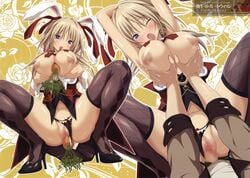 absurdres animal_ears arms_up between_breasts black_legwear black_panties blonde_hair blue_eyes blush breast_grab breasts bunny_ears bunny_girl carrot carrot_paizuri censored female food_between_breasts hands hapymaher highres huge_filesize koku large_breasts long_hair mosaic_censoring nipples object_insertion one_eye_closed open_mouth panties panties_aside penetration pussy spread_legs squatting thighhighs underwear vaginal_object_insertion vaginal_penetration yayoi_b_lutwidge