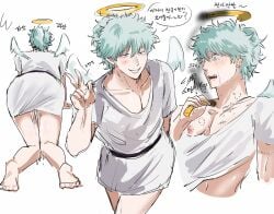after_sex alternate_costume angel angel_wings bite_mark bite_marks cum cum_inside gay gintama gintoki_sakata halo light_blue_hair male male_only nipple_slip oiiiioioioiio pale-skinned_male pale_skin pecs ponytail smile solo tears twink v_sign wings yaoi