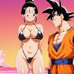 1boy 1girls after_sex ai_generated beach bikini black_eyes black_hair caught cheating cheating_wife chichi cum_in_pussy cum_on_breasts cum_on_thighs dragon_ball dragon_ball_z hair_bun ntr patreon