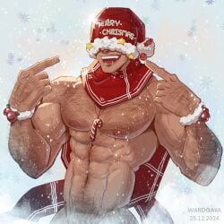 1boy abs artist_name bara candy_cane christmas dated male male_focus male_only muscular muscular_arms muscular_chest muscular_male nipples pecs pectorals santa_hat simple_background snowflake solo solo_male text wardgaya yaoi