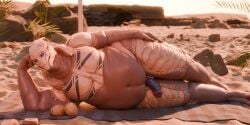 2:1 3d_(artwork) alien animal_genitalia beach beach_towel belly bioware black_nails blue_eyes bodypaint coconut colored_nails digital_media_(artwork) drupe_(fruit) electronic_arts erection food fruit genital_slit genitals hand_on_leg hand_on_thigh hi_res kagekave lying male male_only mass_effect nails nude on_side on_towel outside overweight overweight_male penis plant purple_penis rock sand sollas solo teeth towel turian