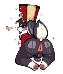 anthro anus aroused ass balls big_butt black_body blue_eyes blush bodily_fluids clothed clothing digital_media_(artwork) fur genital_fluids genitals hair hat headgear headwear hi_res honkai:_star_rail lagomorph leporid looking_at_viewer looking_back male mammal mihoyo open_mouth penile penis pom-pom_(honkai:_star_rail) presenting presenting_anus presenting_hindquarters rabbit raised_tail sex simple_background solo spreading submissive sweat tail takanuri white_body