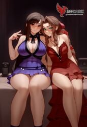 2d 2girls aerith_gainsborough ai_generated ass barefoot big_ass big_breasts blush bra couch dress erophoenix feet female female_focus final_fantasy final_fantasy_vii final_fantasy_vii_rebirth final_fantasy_vii_remake indoors jewelry large_breasts long_hair multiple_girls naked navel panties patreon_username purple_bra purple_panties red_bra red_eyes red_panties sitting small_breasts smile soles sweat sweating thick_thighs thighs tifa_lockhart underwear yuri yuri