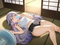 ai_generated belly belly_button black_shorts blush breasts fan female hololive hololive_english hololive_english_-advent- koseki_bijou long_hair medium_breasts navel on_floor popsicle purple_eyes purple_hair short_shorts sweat thick_thighs virtual_youtuber white_shirt