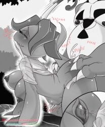 bandai_namco bodily_fluids breasts clothing cum digimon digimon_(species) doggy_style female from_behind_position genital_fluids guilmon hi_res male moan monochrome nipples palmon scalesindark scalie sex shirt text topwear url water
