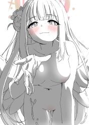 angel_wings blue_archive blush breasts closed_mouth collarbone commentary_request completely_nude danshakubaron feathered_wings female flower greyscale hair_bun hair_flower hair_ornament hair_ribbon halo highres long_hair looking_at_viewer low_wings mika_(blue_archive) monochrome navel nipples nude partial_commentary pink_halo pussy_juice pussy_juice_on_fingers ribbon simple_background single_side_bun smile spot_color stomach thighs white_background wings