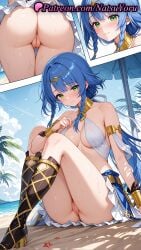1girls 2025 ai_generated artemis_(danmachi) ass bangs bare_shoulders beach blue_hair blue_sky blush boots bracer braid breasts closed_mouth dungeon_ni_deai_wo_motomeru_no_wa_machigatteiru_darou_ka female_only green_eyes hi_res highres knees_up labia labia_majora long_hair looking_at_viewer multiple_views natsuyoru no_panties oshiri outdoors patreon pussy side_braid sitting skirt sky smile solo thighs twin_braids umbrella vagina voluptuous voluptuous_female
