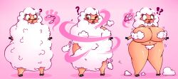 after_transformation anthro base_one_layout basic_sequence big_breasts blade_shears blush bovid breasts caprine curvy_figure digital_drawing_(artwork) digital_media_(artwork) eyelashes female fluffy fur glistening glistening_body glistening_skin hi_res hooves huge_breasts huztar interrobang levitating_object linear_sequence mammal naturally_censored navel nude one_row_layout pink_background post-transformation question_mark sequence sheared shearing sheep simple_background solo surprise tan_body tan_skin thick_thighs three_frame_image three_frame_sequence voluptuous white_body white_fur white_wool wide_hips wool_(fur)