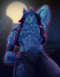 armpits furry jacket jacket_open just_dance just_dance_2 leather leather_clothing lycan_(just_dance) male moon muscular muscular_anthro muscular_male night_sky pubes_exposed ripped_clothing ripped_pants ubisoft unbuttoned_pants