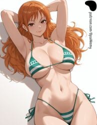 1girls ai_generated armpits bangs bikini breasts brown_eyes clothing collarbone covered_nipples earrings female female_only green_bikini hi_res high_quality high_resolution highres huge_breasts jewelry large_breasts light light_blush light_smile lips long_hair looking_at_viewer lying midriff nami_(one_piece) navel nose on_back one_piece opal_nemy orange_hair patreon patreon_logo patreon_url patreon_username plain_background presenting_armpit red_hair self_upload shadow shiny shiny_clothes shiny_hair shiny_skin simple_background single_earring smile swimsuit thighs watermark white_background