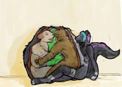 2012 anthro anthro_pred belly big_belly black_body black_fur blue_hair brown_body brown_fur closed_eyes colored fur green_body group guide_lines hair huge_belly hyper hyper_belly inside_stomach internal jeri_kleinlowe male male/male male_pred male_prey mammal mephitid mouse multiple_prey murid murine nude_pred nude_prey open_mouth purple_body purple_fur rodent same_size_vore scalie simple_background sitting skunk skunk_tail smile tongue vore white_body white_fur yellow_background