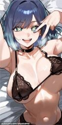 ai_generated bed big_breasts blue_eyes blue_hair bra clothing kurokawa_akane oshi_no_ko star_eyes