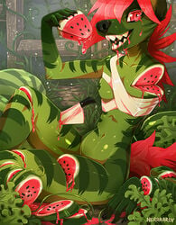 amputation amputee anthro auto_vore breasts candy_gore canine chest_wraps eating flora_fauna food fruit herr_aardy knife mammal melon navel nubless_amputee nude one_arm outside plant self_vore sharp_teeth signature sitting slim smile teeth watermelon wraps