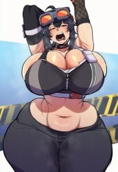 1girls ai_generated breasts choker cleavage curvy female goggles goggles_on_head grace_howard huge_breasts large_breasts looking_at_viewer midriff mouth navel open_mouth sideboob stretching sweat sweaty_body tagme thick_thighs voluptuous voluptuous_female vyakarana27 wide_hips yawn zenless_zone_zero