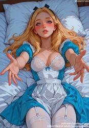 ai_generated alice_(alice_in_wonderland) alice_(disney) alice_in_wonderland alice_liddell apron bangs bed bed_sheet black_hairband blonde_hair blue_dress blue_eyes blue_hairband blush bow bra breasts clavicle cleavage clothing collarbone disney disney_princess dress eyelashes female female female_only fingernails frills garter_straps hair_ornament hair_ribbon hairband headwear indoors jousneystudio lace lace_trim large_breasts legwear lingerie lips long_hair looking_at_viewer lux_(league_of_legends) lying medium_breasts no_bra on_back on_bed outstretched_arms pantsu parted_lips pillow puffy_short_sleeves puffy_sleeves reaching_towards_viewer ribbon short_sleeves smile solo thighhighs thighs trembling underwear white_apron white_bra white_legwear white_thighhighs