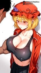 1boy ai_generated aki_minoriko aki_shizuha black_hair black_skirt black_sports_bra blonde_hair blush breasts cleavage collarbone covered_nipples dark-skinned_male dark_skin female food food-themed_hair_ornament fruit grabbing grabbing_another's_breast grapes hair_ornament hat jacket large_breasts leaf leaf_hair_ornament long_sleeves looking_at_another male mob_cap multiple_girls mykibuu open_clothes open_jacket parted_lips pleated_skirt red_eyes red_headwear red_jacket shirt short_hair siblings simple_background sisters skirt solo_focus sports_bra straight sweat track_jacket white_background