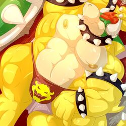 1boy bands bowser closed_eyes danandnite horns koopa male male_only mario_(series) muscles nintendo nipples red_hair sleeping solo tagme thong