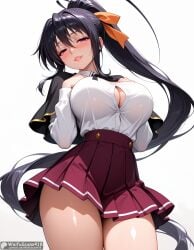 ai_generated bangs black_capelet black_hair blush breasts button_gap capelet cleavage female hair_between_eyes hair_ribbon hands_on_own_chest high_resolution high_school_dxd highres himejima_akeno large_breasts long_hair long_sleeves looking_at_viewer orange_ribbon parted_lips patreon_username pleated_skirt ponytail purple_eyes red_skirt ribbon school_uniform shirt simple_background skirt smile solo stable_diffusion thighs very_long_hair waifuscans418 white_background white_shirt
