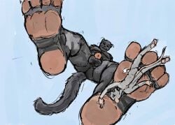 2012 anthro balls black_balls black_body black_fur blue_background bodily_fluids colored cum domestic_cat dominant_macro duo ejaculation extreme_size_difference feet felid feline felis foot_fetish fur genital_fluids genitals grey_body grey_fur guide_lines jeri_kleinlowe looking_down low-angle_view macro male male/male mammal micro mouse mouse_tail murid murine muscular nude_male nude_micro penis pink_penis pinned pinned_by_foot predator/prey rodent simple_background size_difference smile tail underfoot