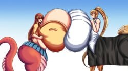 blonde_hair centaur centorea_shianus cleavage dragonicxs gofenix huge_breasts hyper hyper_breasts lamia miia_(monster_musume) monster_musume_no_iru_nichijou naga red_hair simple_background skirt symmetrical_docking