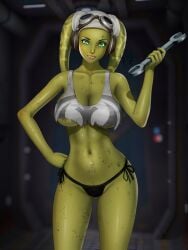 1girls alien alien_girl alien_humanoid big_breasts bikini black_panties breasts cleavage clothing colored_skin crop_top dirty dirty_clothes dirty_face female female_only freckles goggles goggles_on_head green_eyes green_skin hand_on_hip hand_on_own_hip headphones hera_syndulla holding holding_wrench john_reith large_breasts lips lipstick looking_at_viewer makeup mole navel panties pantsu side-tie_panties smile solo standing star_wars star_wars_rebels swimsuit tank_top thighs torn_clothes twi'lek underboob underwear wrench